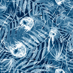 Watercolor blue leaves of a tree, palms, bamboo, nettle, tulip flower, abstract splash. Watercolor abstract seamless background, pattern, spot, splash of paint, blot, divorce, color. Tropic pattern.