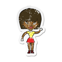 retro distressed sticker of a cartoon woman waving