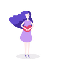 Girl holding heart. Women in love. Flat style vector illustration.