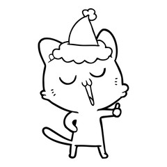 line drawing of a cat singing wearing santa hat
