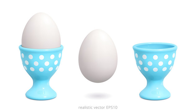 Blue egg cup decorated with white polka dot. 3d realistic vector design of holders with a gradient mesh.  Boiled white chicken egg. Detailed clipart.  Cute isolated objects