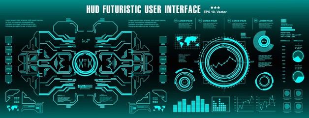 HUD futuristic green user interface, target. Dashboard display virtual reality technology screen