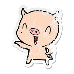 distressed sticker of a happy cartoon pig