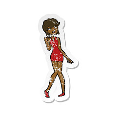 retro distressed sticker of a cartoon woman in cocktail dress