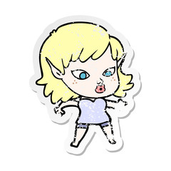 distressed sticker of a pretty cartoon elf girl