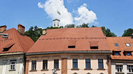 Fototapeta na wymiar Roofs of buildings in the city centre, sunny day, Ljubljana, Slovenia