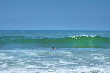 Surfing. A surfer catches a ocean wave. Man on surfboard. Sea water