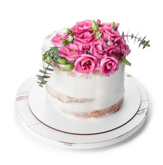 Sweet cake with floral decor on white background