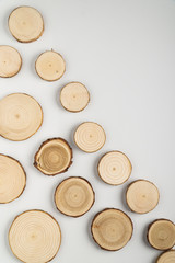 Pine tree cross-sections with annual rings on white background. Lumber piece close-up shot, top view.