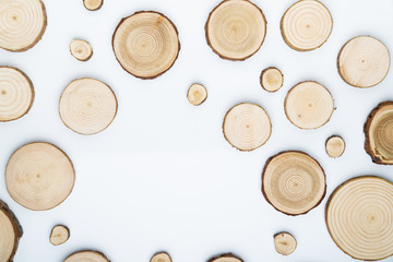 Pine tree cross-sections with annual rings on white background. Lumber piece close-up shot, top view.