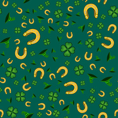 Abstract seamless horseshoe pattern for girls, boys, clothes. Creative vector pattern with horseshoe, clover leaf. Funny wallpaper for textile and fabric. Fashion horseshoe pattern style for kids