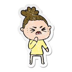 distressed sticker of a cartoon angry woman