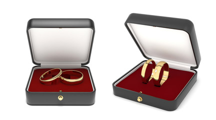 Wedding rings in a jewelry box. 3d rendering illustration isolated