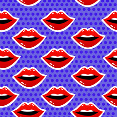 Fototapeta premium Female lips. Mouth with a kiss, smile, tongue, teeth and kiss me lettering on background. Vector comic seamless pattern in pop art retro style. Abstract seamless pattern for girls, boys, clothes.