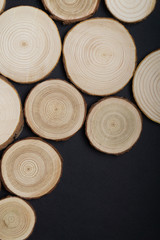 Pine tree cross-sections with annual rings on black background. Lumber piece close-up shot, top view.