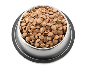 Bowl with dry pet food on white background