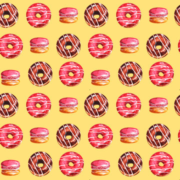 watercolor, pattern, donut, donuts, sweet, background, vector, seamless, illustration, delicious, cake, glazed, dessert, green, food, pink, drawing, sweets, macaron, chocolate, isolated, colorful, blu