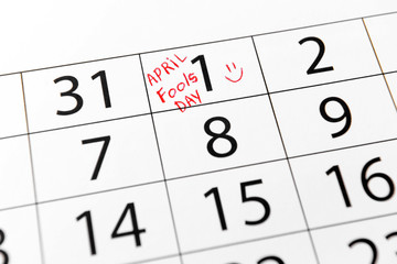 Calendar page of April with marked date of Fool's Day, closeup
