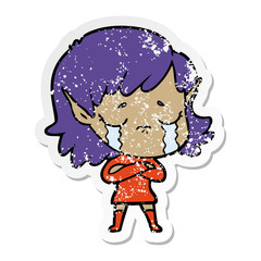 distressed sticker of a cartoon crying elf girl