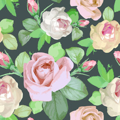 Seamless watercolor delicate floral  pattern with roses. Beautiful wild rose flowers and buds. Vector print for fabric, decoration.