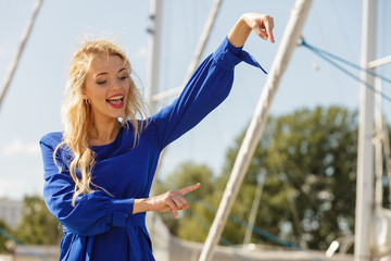 Fashion model wearing blue navy shirt