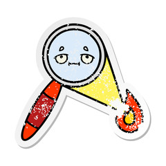 distressed sticker of a cute cartoon magnifying glass