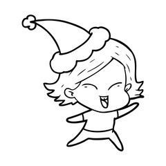 happy line drawing of a girl wearing santa hat