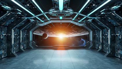 Dark blue spaceship futuristic interior with window view on planet Earth 3d rendering © sdecoret