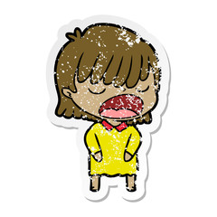 distressed sticker of a cartoon woman talking loudly