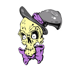 Illustration of skull wearing hat and tie butterfly color