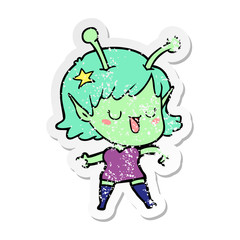 distressed sticker of a happy alien girl cartoon