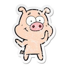 distressed sticker of a happy cartoon pig