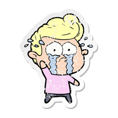 distressed sticker of a cartoon crying man