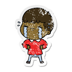 distressed sticker of a cartoon man crying