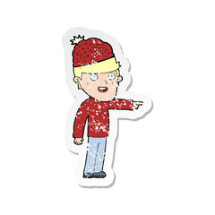 retro distressed sticker of a cartoon man wearing winter hat