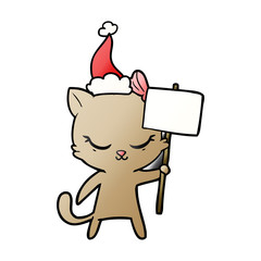 cute gradient cartoon of a cat with sign wearing santa hat