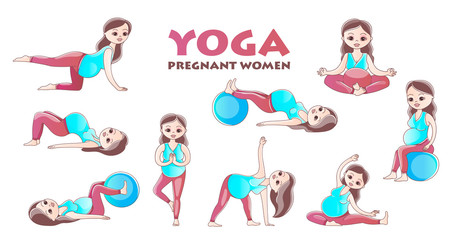 Set of Yoga poses for Pregnant women. Prenatal exercise. Vector illustration.