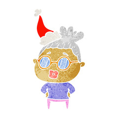 retro cartoon of a librarian woman wearing spectacles wearing santa hat