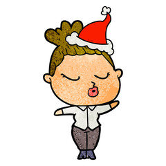 textured cartoon of a calm woman wearing santa hat
