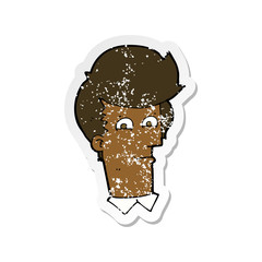 retro distressed sticker of a cartoon man narrowing eyes