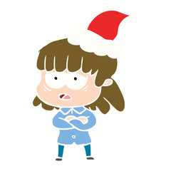flat color illustration of a tired woman wearing santa hat