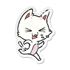 distressed sticker of a cartoon cat hissing