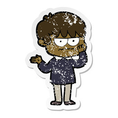 distressed sticker of a annoyed cartoon boy