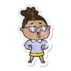 distressed sticker of a cartoon happy woman wearing spectacles