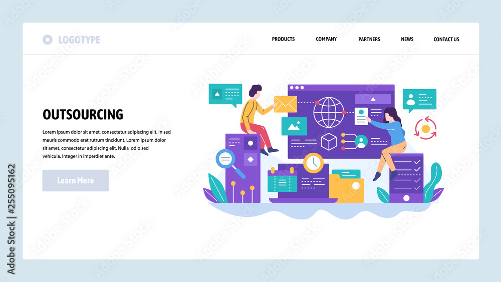 Aufkleber vector web site design template. outsourcing and software development. team working with new project