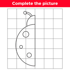 Complete the picture cartoon ladybug. Copy the picture. Educational game for children. Coloring book. Vector illustration.