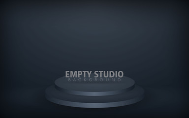 Abstract black background. Empty black round podium with spot light, template mock up for product display.
