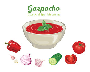 Gazpacho in bowl isolated on white background. Classic of Spanish cuisine. Vector illustration of tomato soup in cartoon simple flat style.