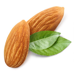 Close-up of almonds with leaves, isolated on white background
