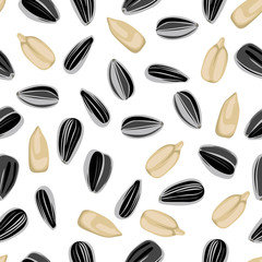 Sunflower seeds seamless pattern on white background. Vector illustration of grain in cartoon simple flat style.